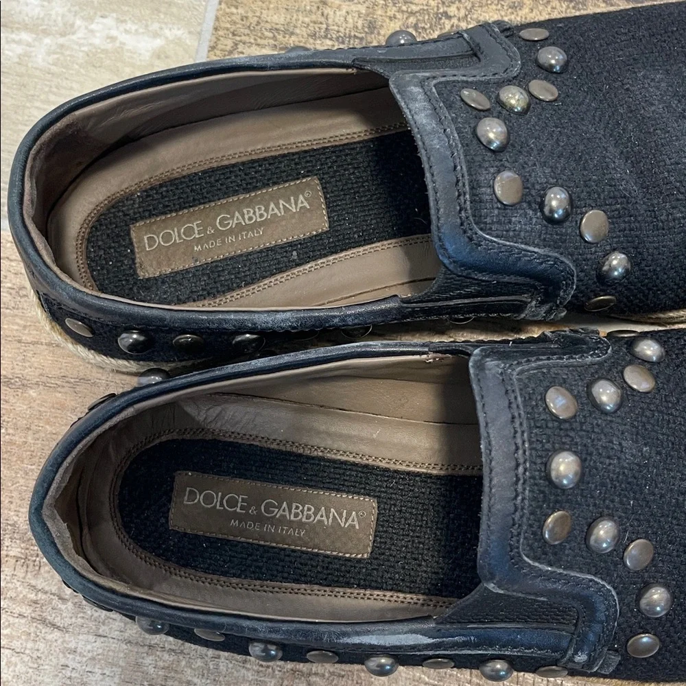 Dolce & Gabbana Mens Black Canvas Raffia Studded Loafers Size 10